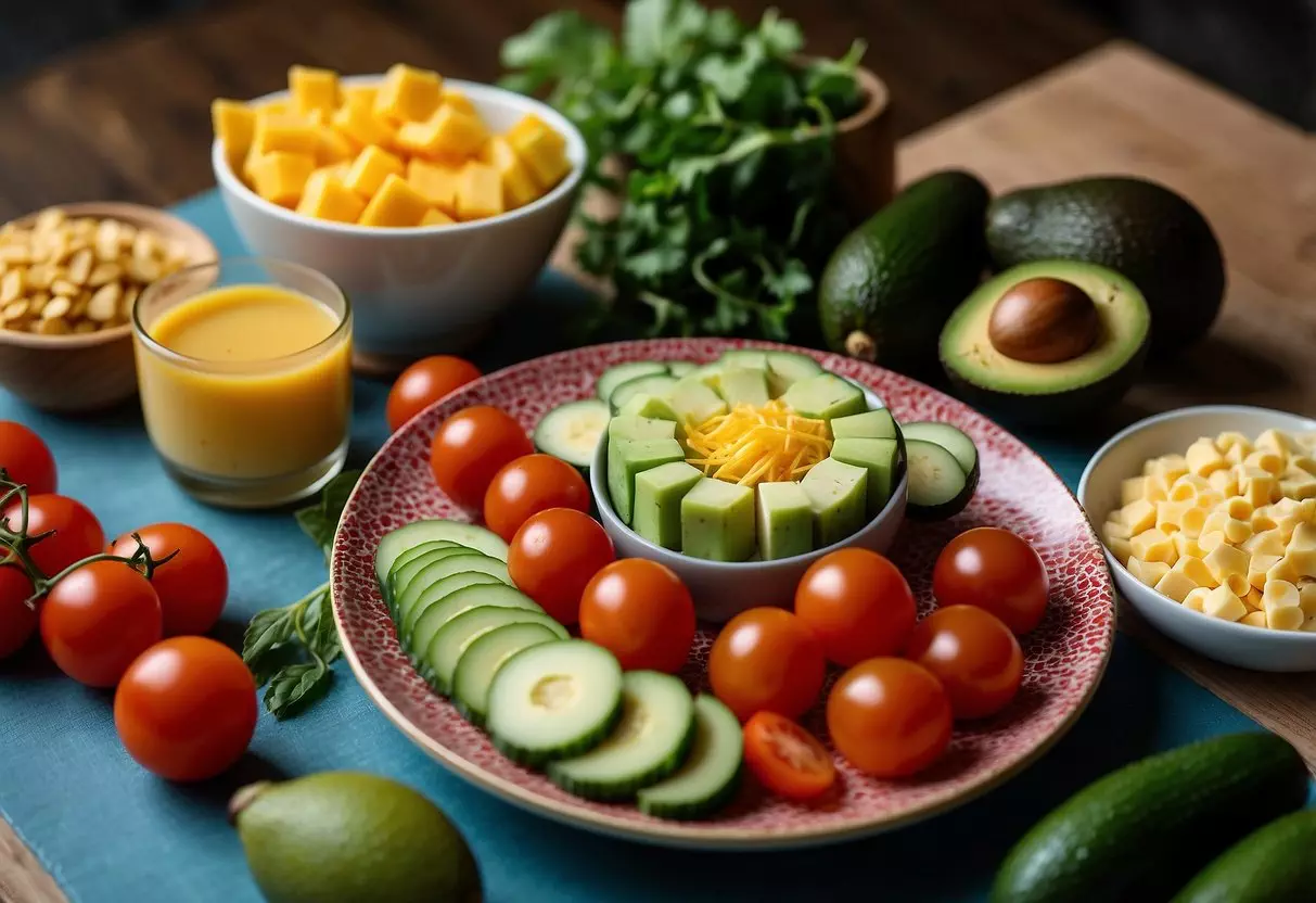 A colorful spread of kid-friendly keto foods, including avocado slices, cheese cubes, cherry tomatoes, and cucumber sticks, arranged on a vibrant, patterned plate