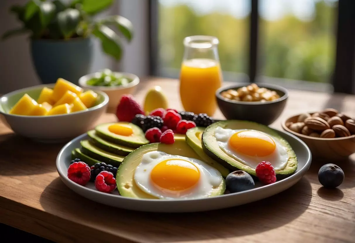 A colorful spread of keto-friendly breakfast foods, including eggs, avocado, berries, and nuts, arranged on a wooden table with a bright, natural light streaming in from a nearby window