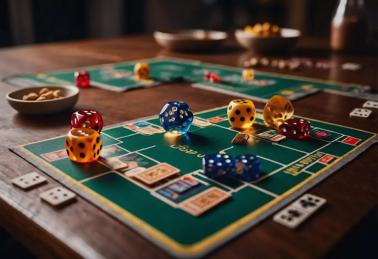 A colorful game board sits on a table surrounded by smiling family members. A stack of cards and dice are ready for play. Snacks and drinks are nearby