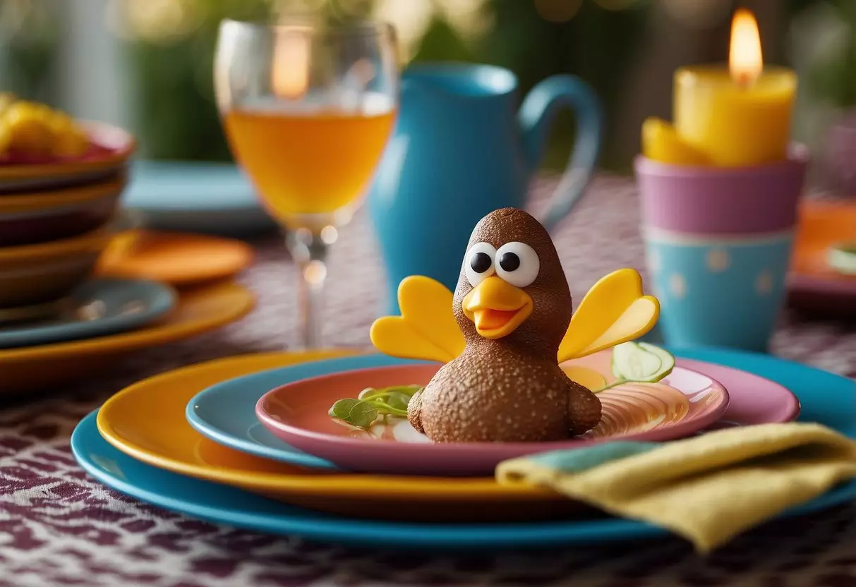 A cozy dining table set with colorful plates, turkey-shaped centerpieces, and smiling cartoon characters on placemats