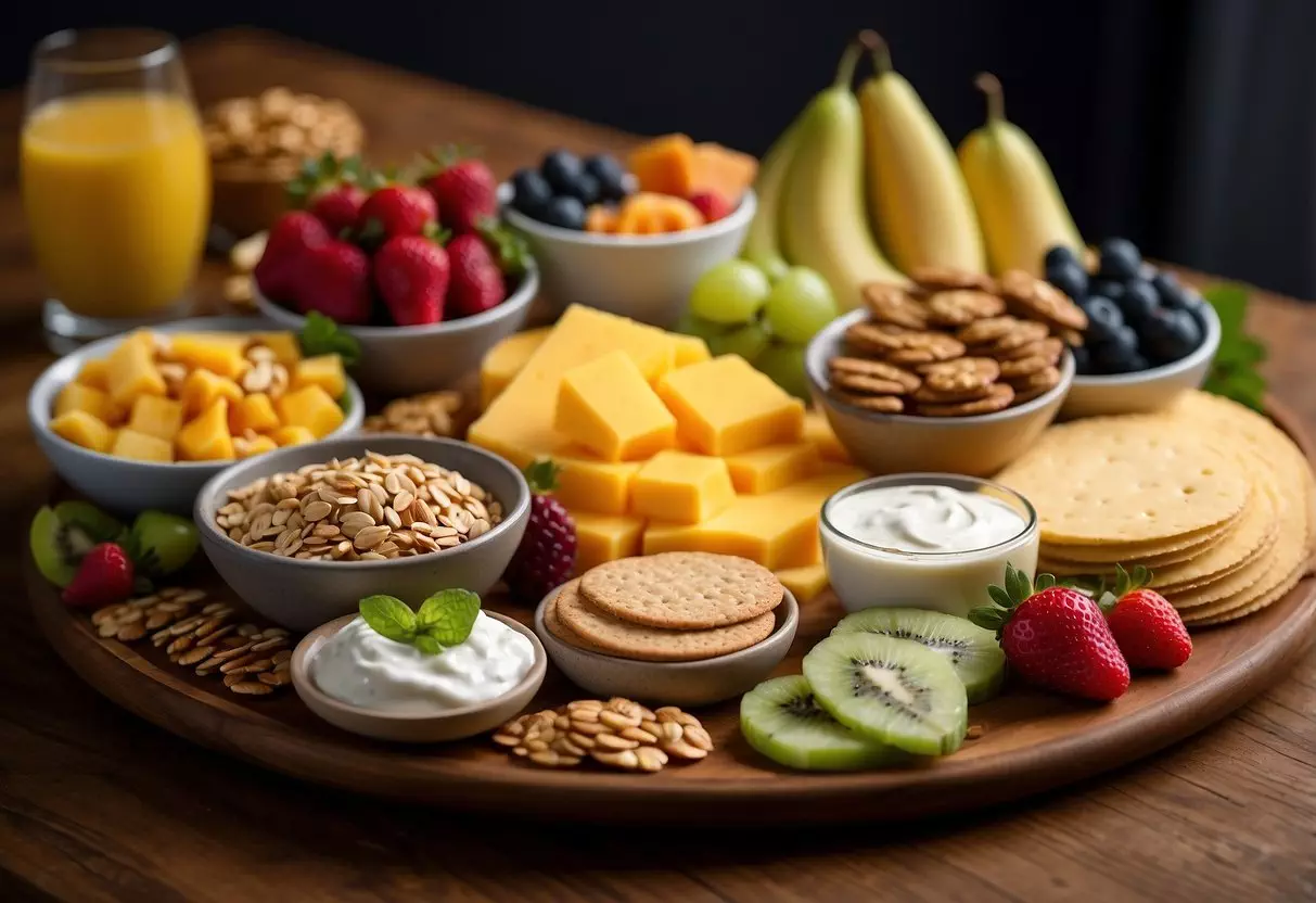 A colorful array of fresh fruits, whole grain crackers, and cheese cubes arranged on a vibrant platter, accompanied by a variety of nut butters and yogurt dips