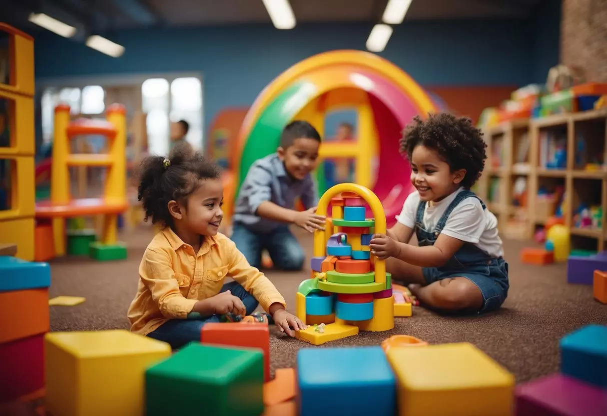 Children playing in a colorful, interactive play area with educational toys and books. A friendly, approachable staff member assists young entrepreneurs with their creative business ideas