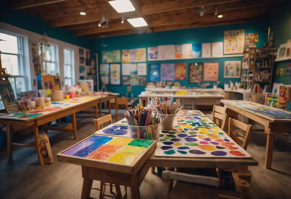 A colorful and vibrant art studio filled with children's artwork, supplies, and smiling faces. The walls are adorned with paintings and drawings, and there are tables set up for art classes and workshops