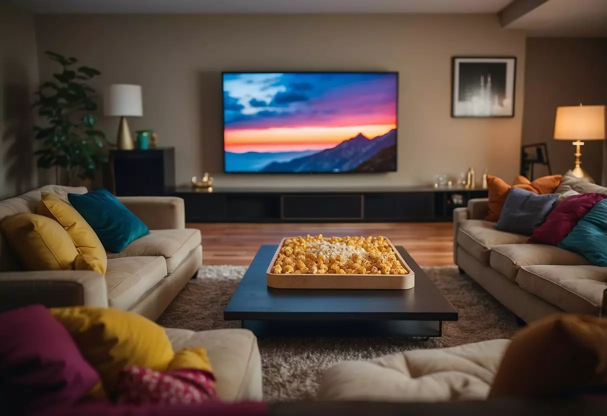 A cozy living room with a big screen TV, colorful bean bags, and a table set with popcorn, pizza, and soda