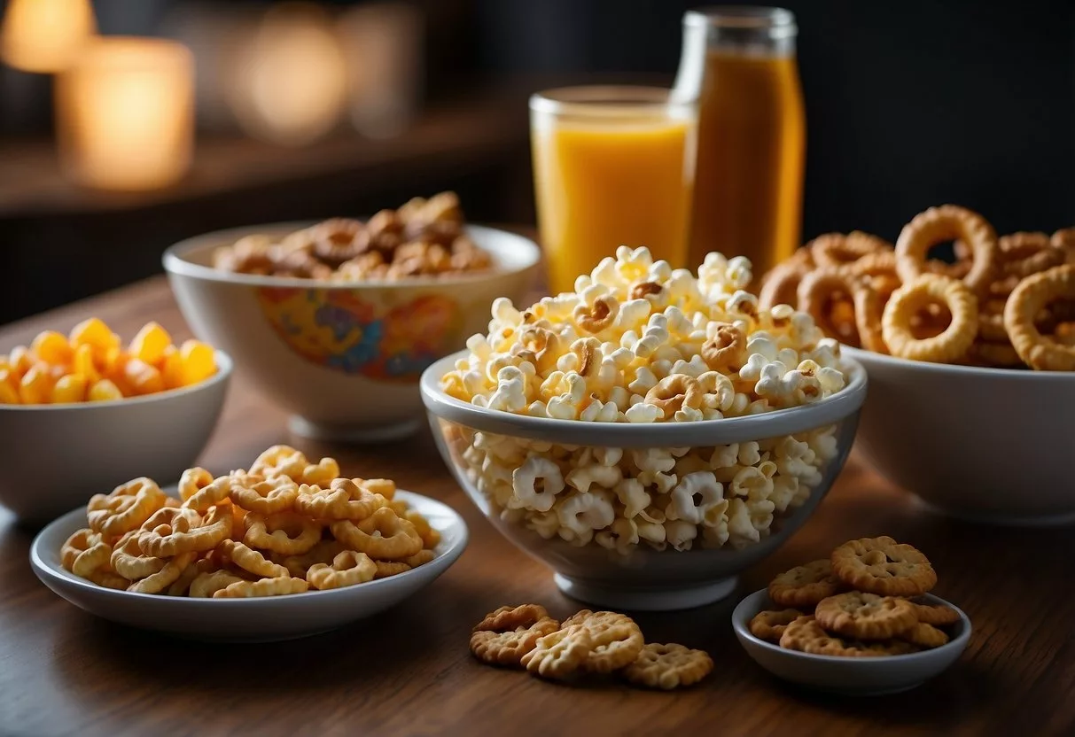 A colorful spread of classic snacks with a twist, including popcorn, pretzels, and cookies, arranged on a table for a kid-friendly movie night