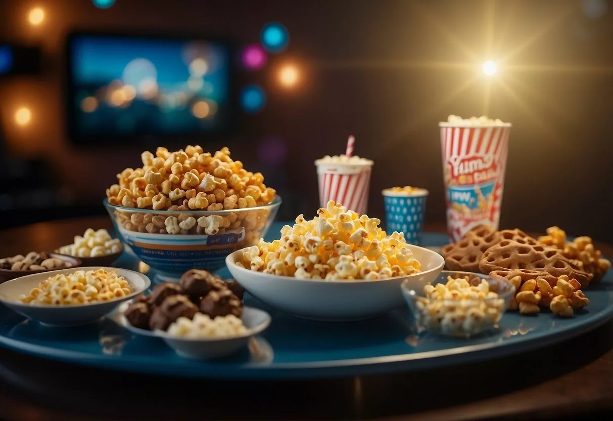 A colorful array of kid-friendly movie night snacks, including popcorn, candy, and cookies, is arranged on a table with a movie playing in the background