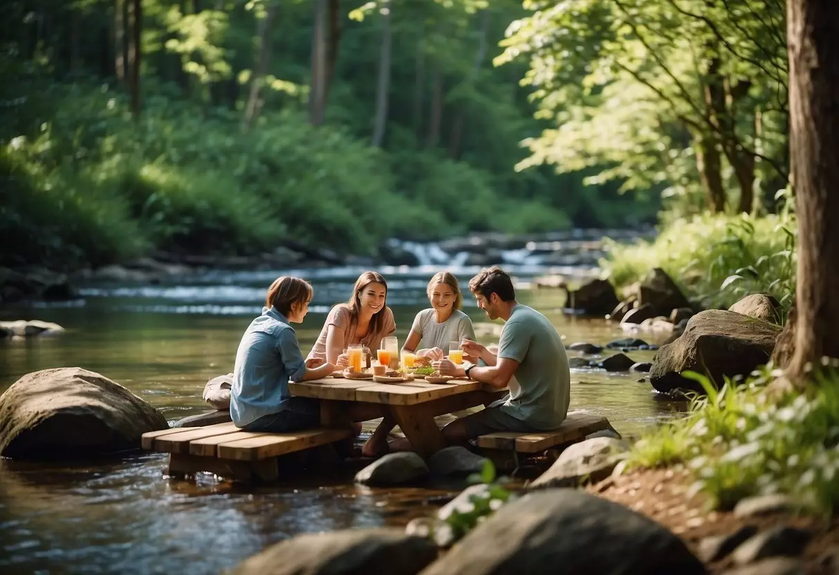 Families picnic near a bubbling stream in a lush forest, with colorful birds and friendly wildlife roaming nearby in a national park