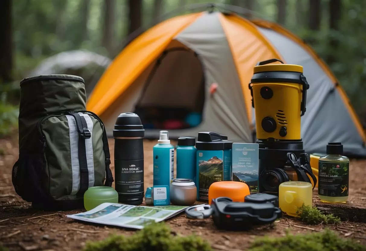 Families gather camping gear, maps, and sunscreen before hiking in a lush, vibrant national park. Signs display safety tips for kids