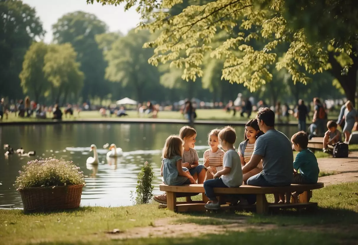 Families picnic in a park, children play on swings and slides, while others feed ducks at a pond. Nearby, a carousel spins with laughter