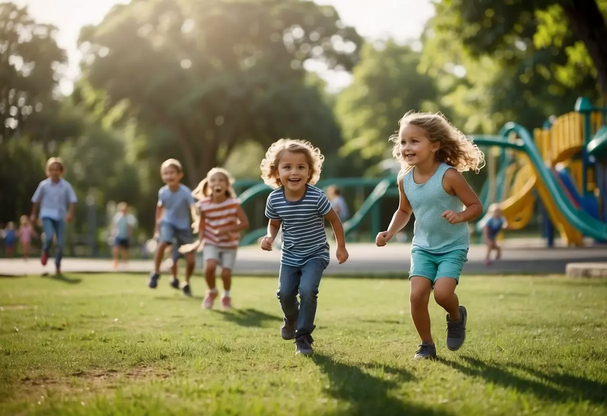 Children playing on a playground with a jungle gym, swings, and slides. Families having picnics on the grass. Trees, flowers, and a walking trail in the background