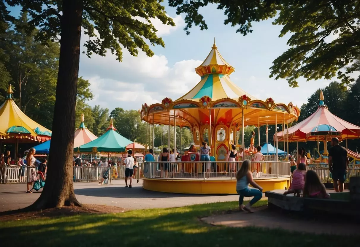 Families picnic by a serene lake, children play on a colorful playground, while others ride a carousel at a vibrant amusement park in Ohio