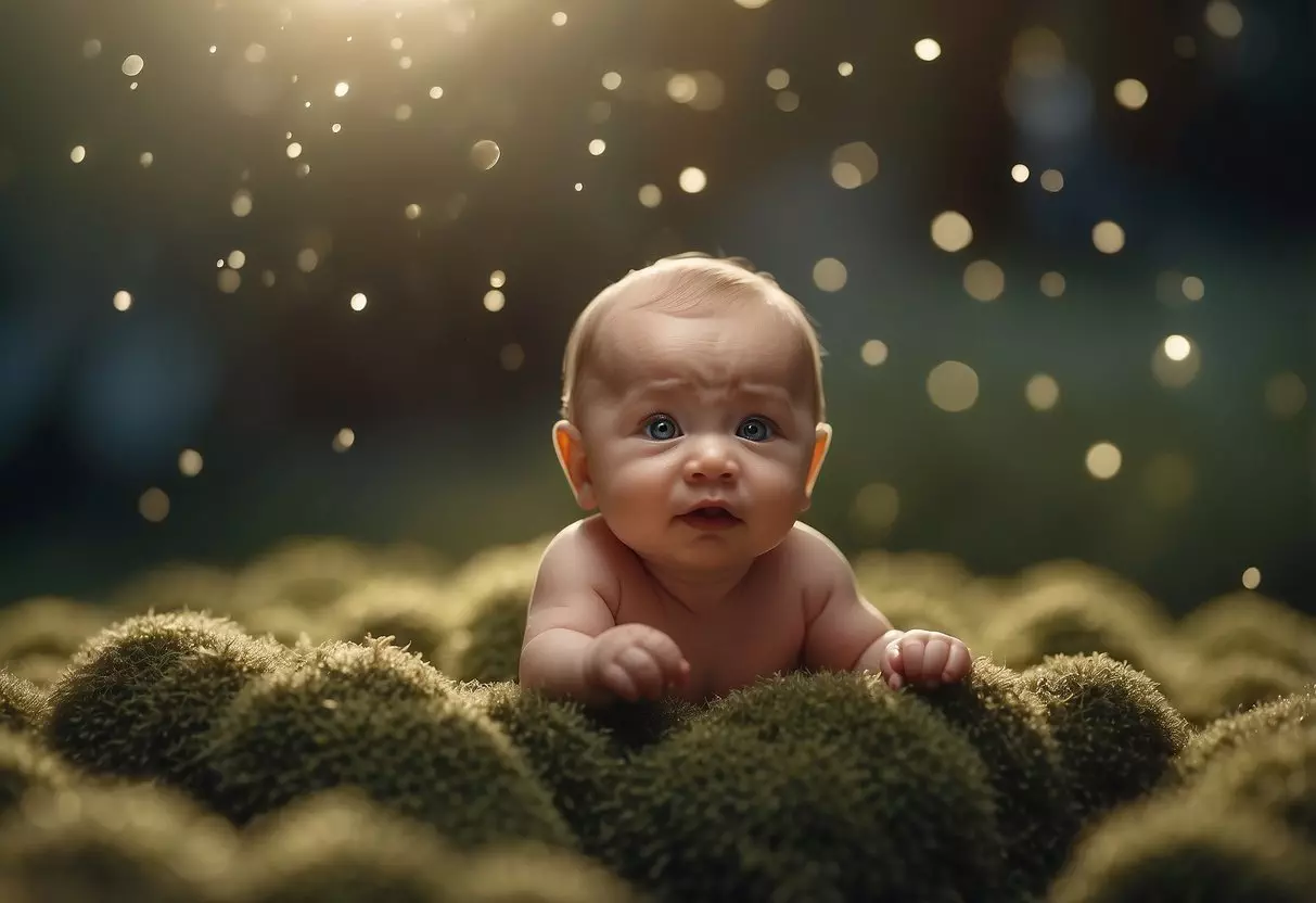 A baby's small figure looks up, sensing the emotion of crying