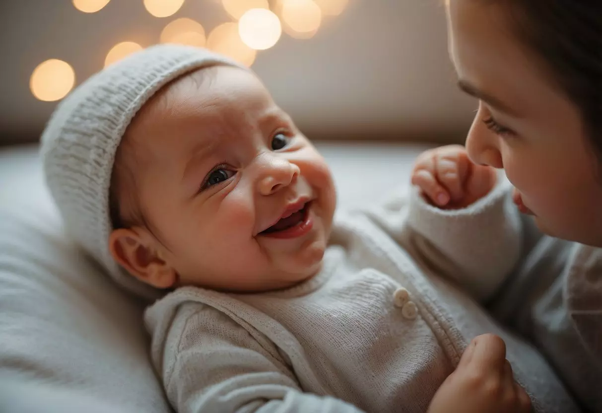 A baby's smile at 5 weeks, with a soft, warm light illuminating their face, and a gentle, loving expression from a caregiver