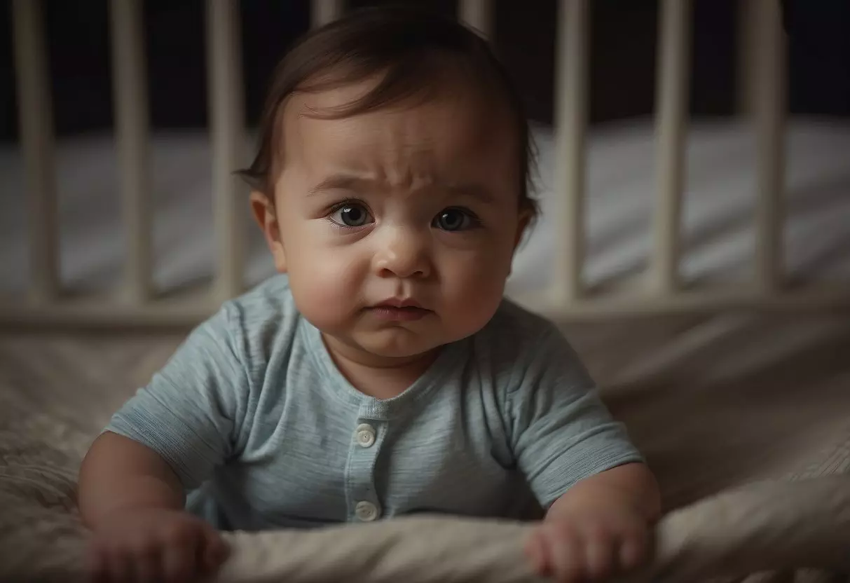 A baby's crib sits in a dimly lit room. The baby gazes up at a tear-streaked photo of their mother, sensing her sadness