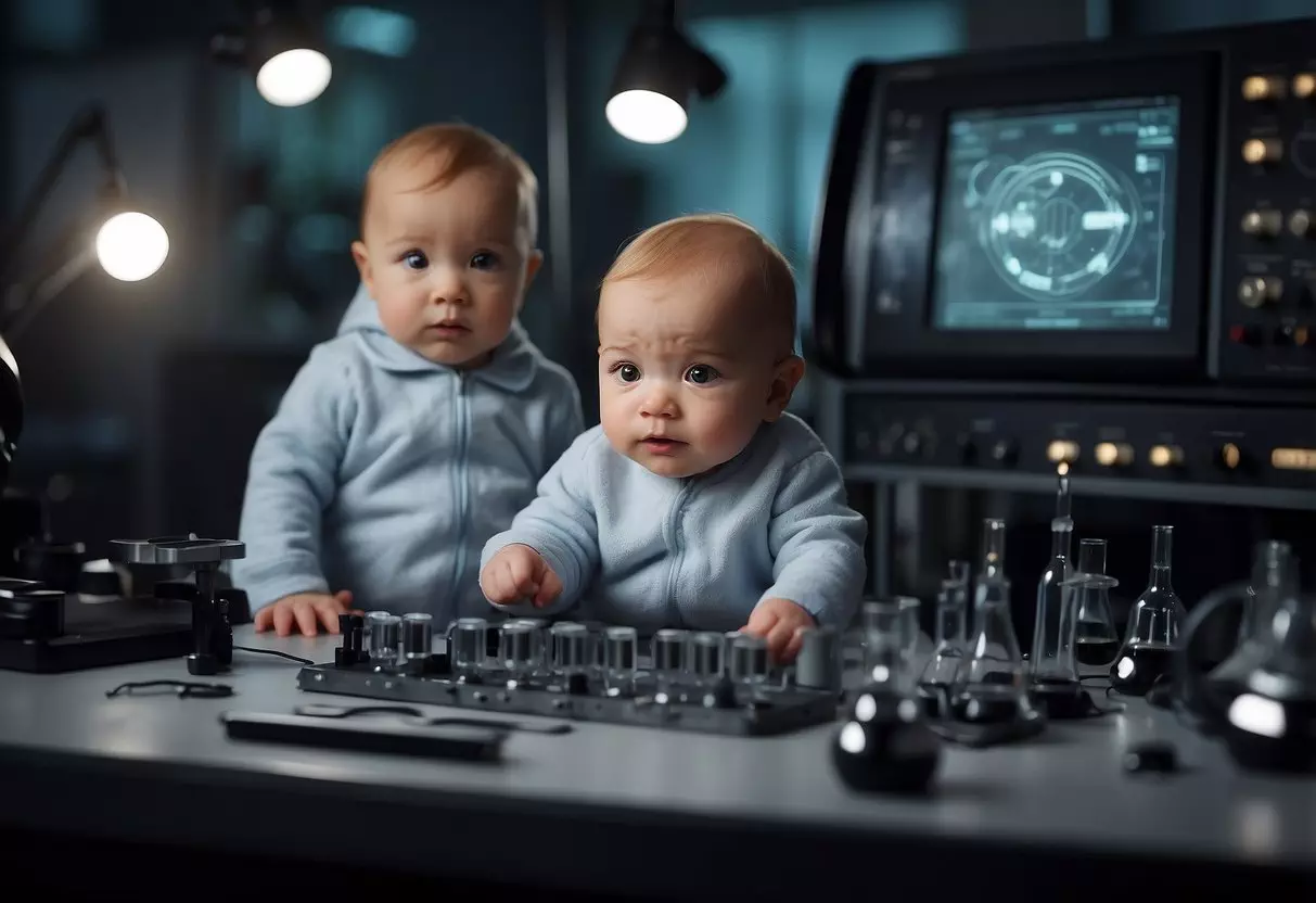 Babies surrounded by scientific equipment, observing a screen showing a sad face