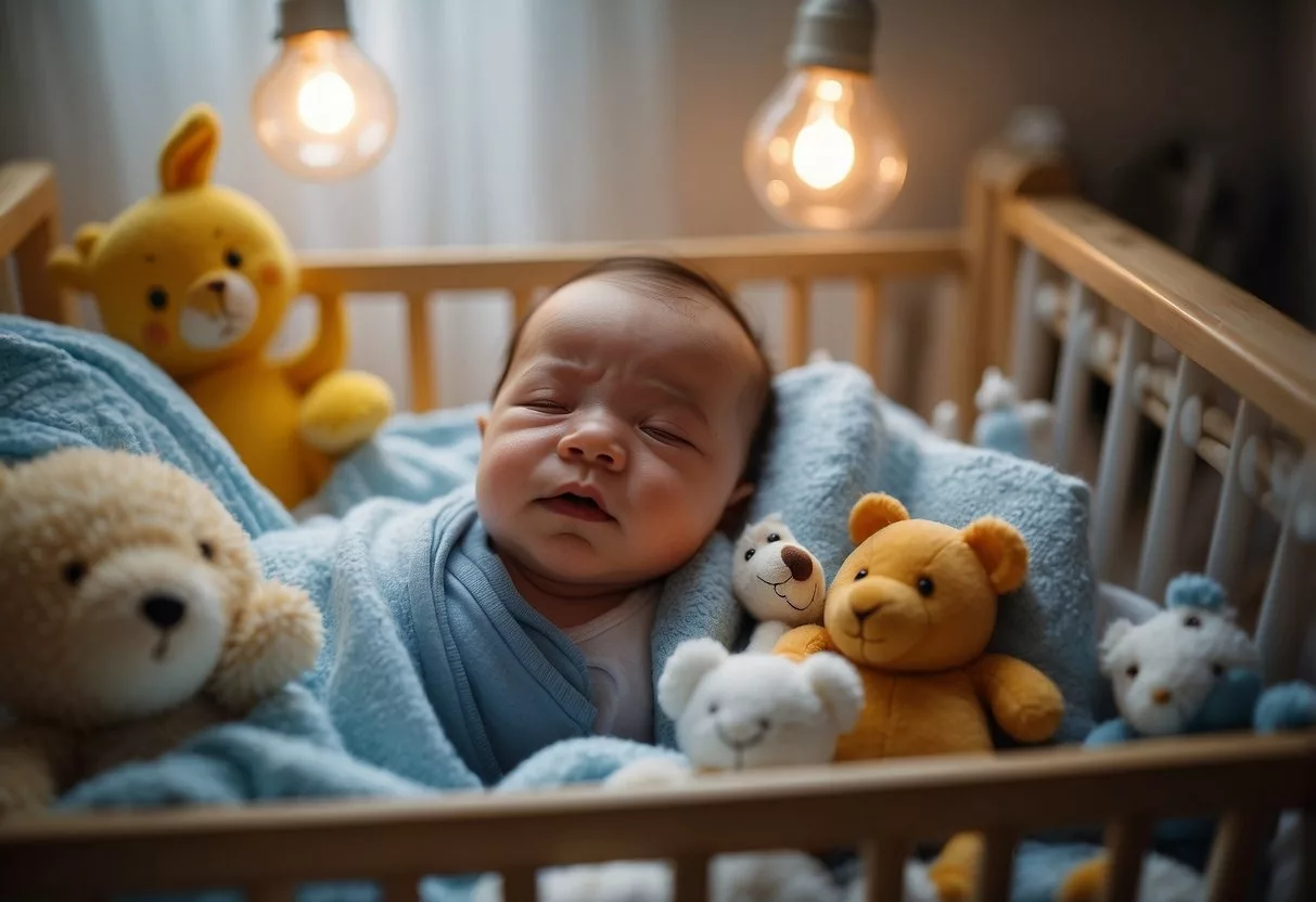 A newborn lies in a crib, surrounded by soft blankets and toys, as steam rises from a nearby bathroom