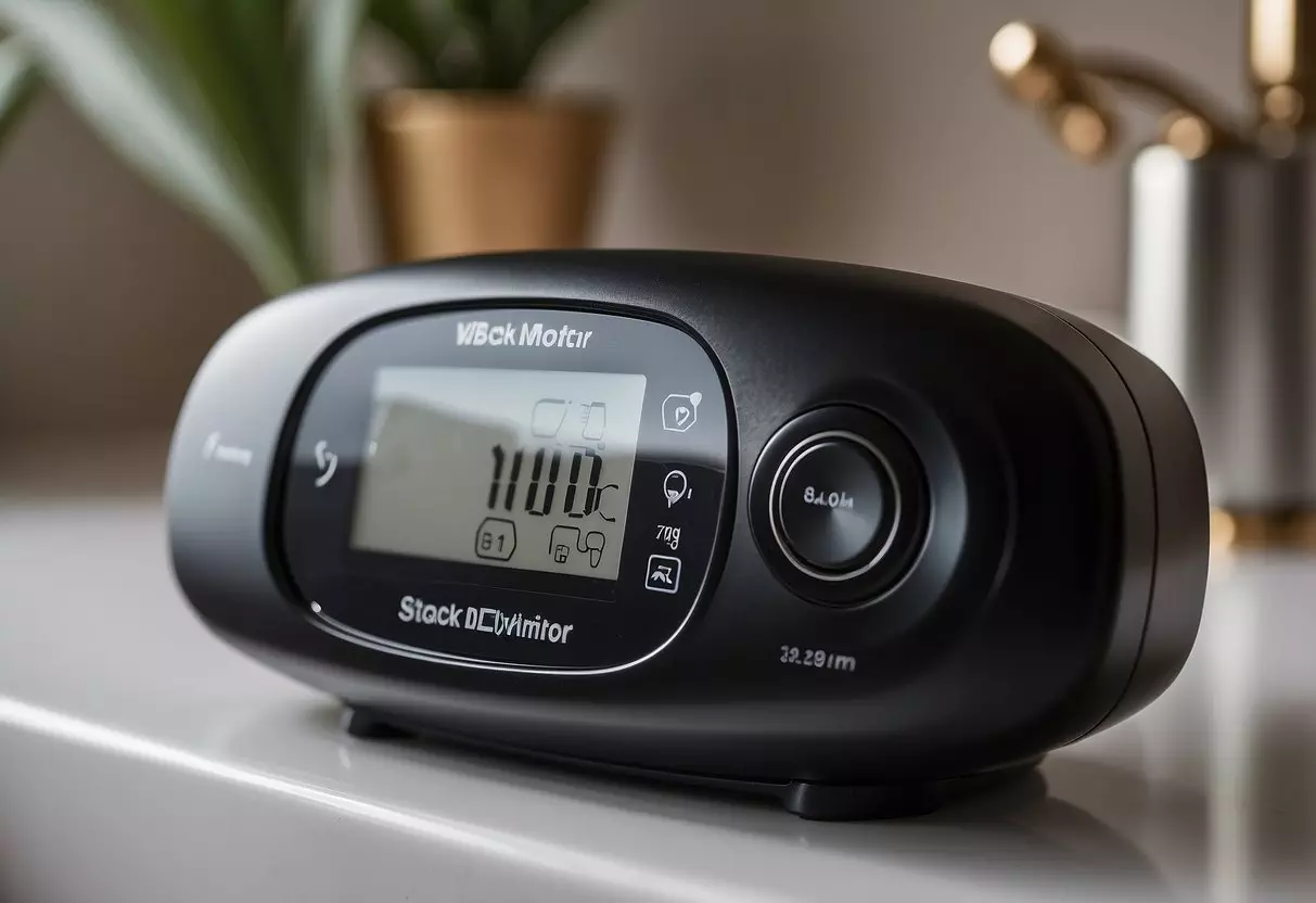 A baby monitor sits on the bathroom counter as a parent showers