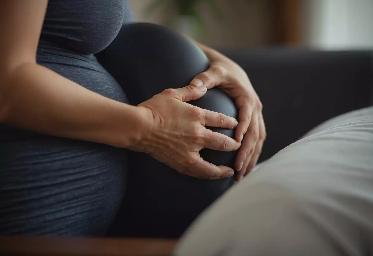 A pregnant belly being gently rubbed by an unseen force, evoking a sense of warmth and comfort for the unborn child