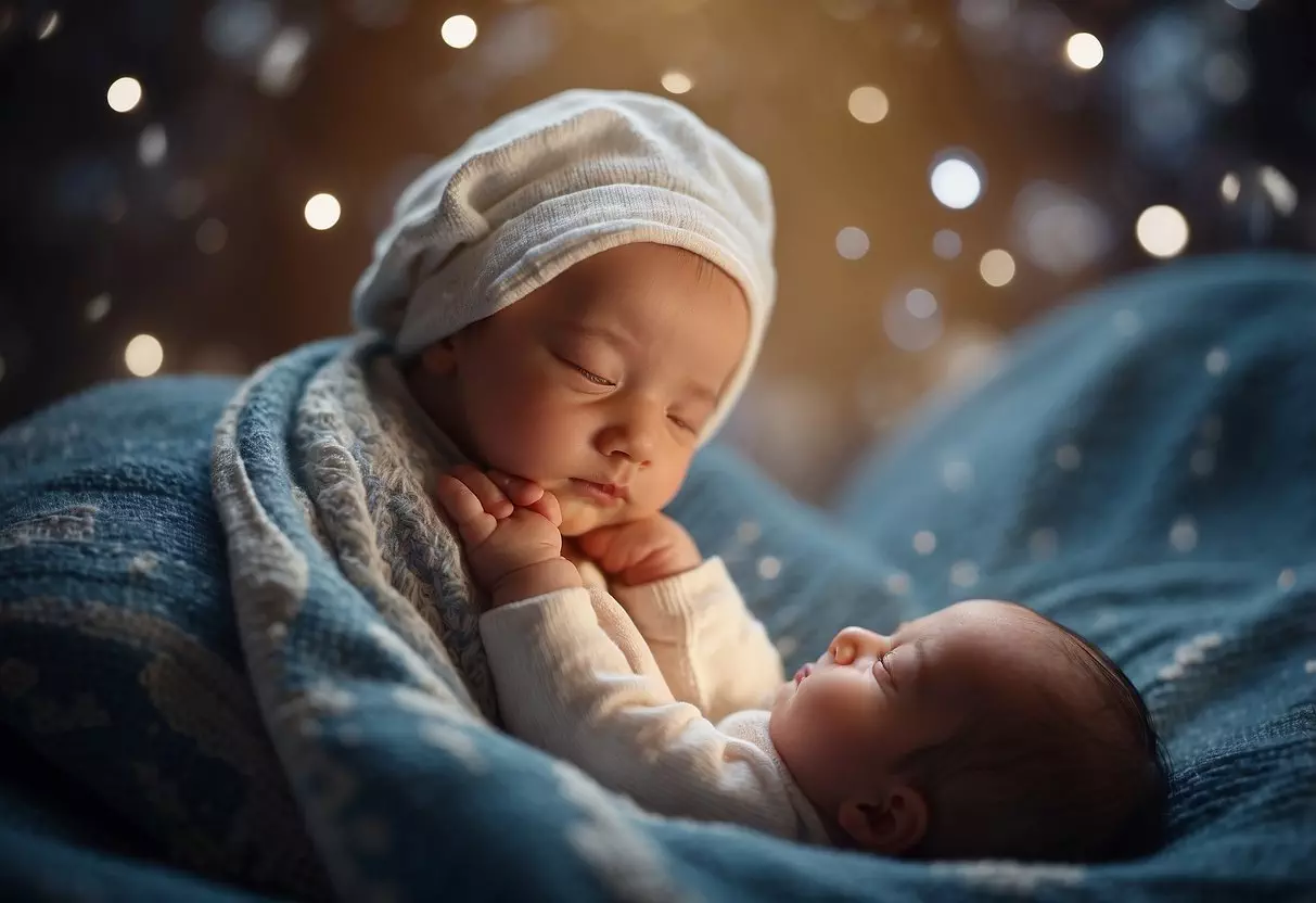 A baby in the womb, surrounded by swirling patterns of energy, as if feeling the gentle touch and connection from the outside world