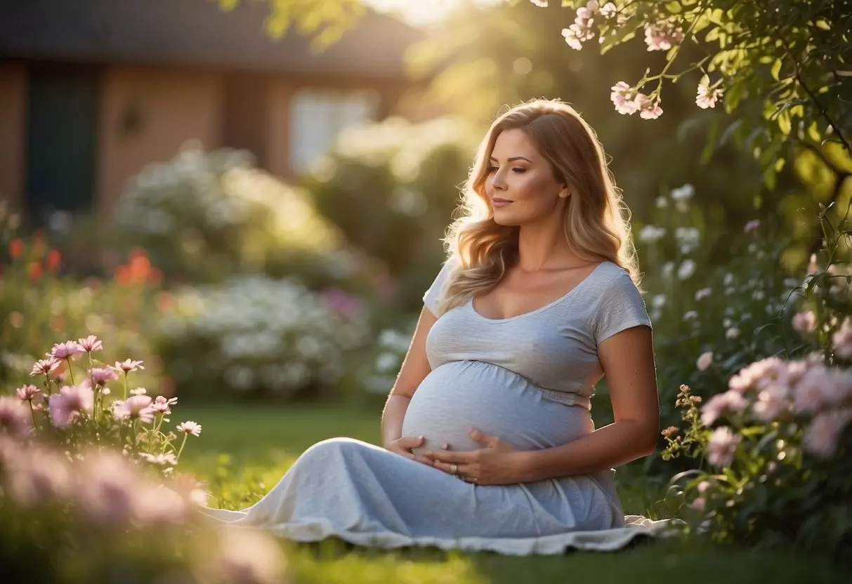 A pregnant woman sits in a peaceful garden, surrounded by colorful flowers and gentle sounds. The sun shines warmly as a soft breeze rustles the leaves, creating a calm and soothing environment for the developing fetus