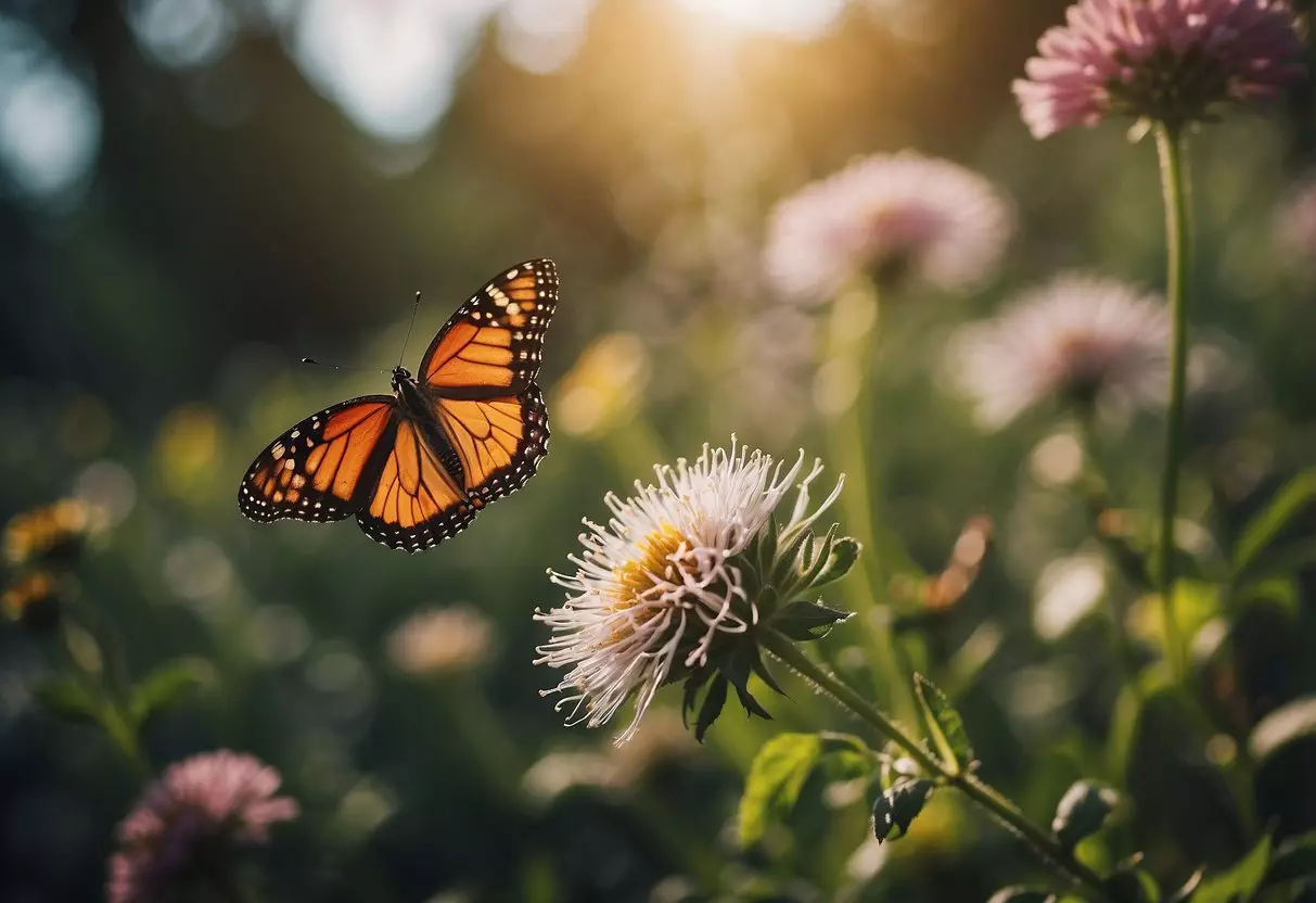 A delicate flower blooms, while nearby a caterpillar transforms into a vibrant butterfly