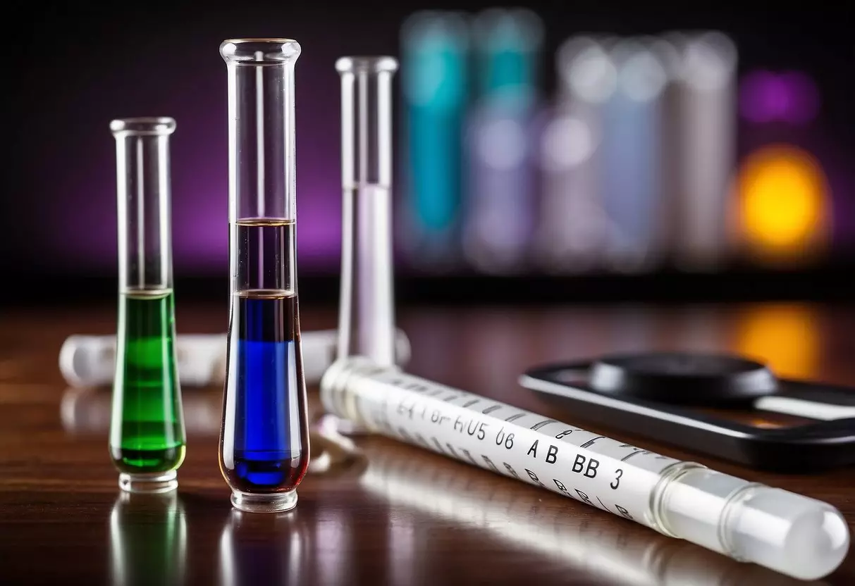 Two test tubes labeled A and B with blood samples inside, next to a chart showing blood type combinations