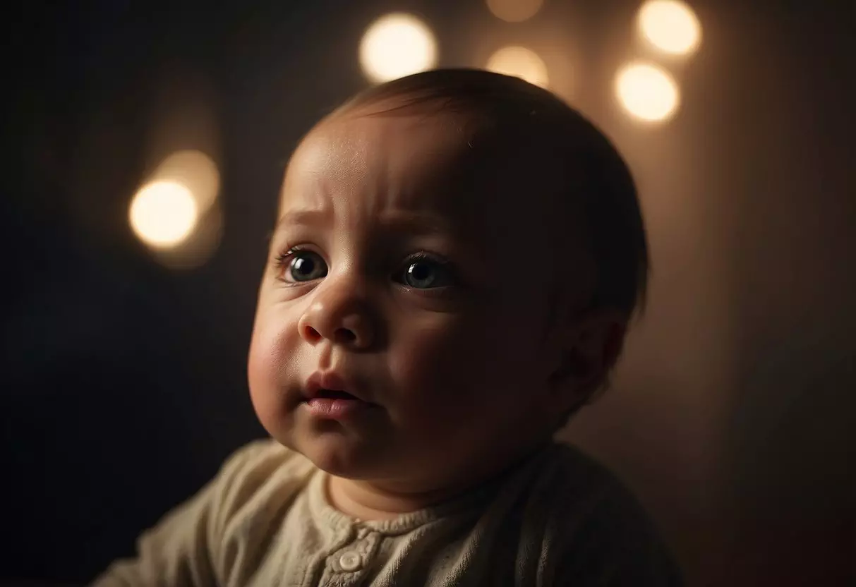 A baby's cries echo through a dimly lit room, as a mobile gently spins overhead, casting soothing shadows on the walls