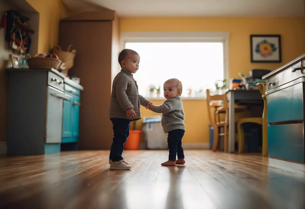 A 2-year-old stands alone in a colorful room, looking around with curiosity and a hint of uncertainty, while his mother watches from a distance with a gentle smile