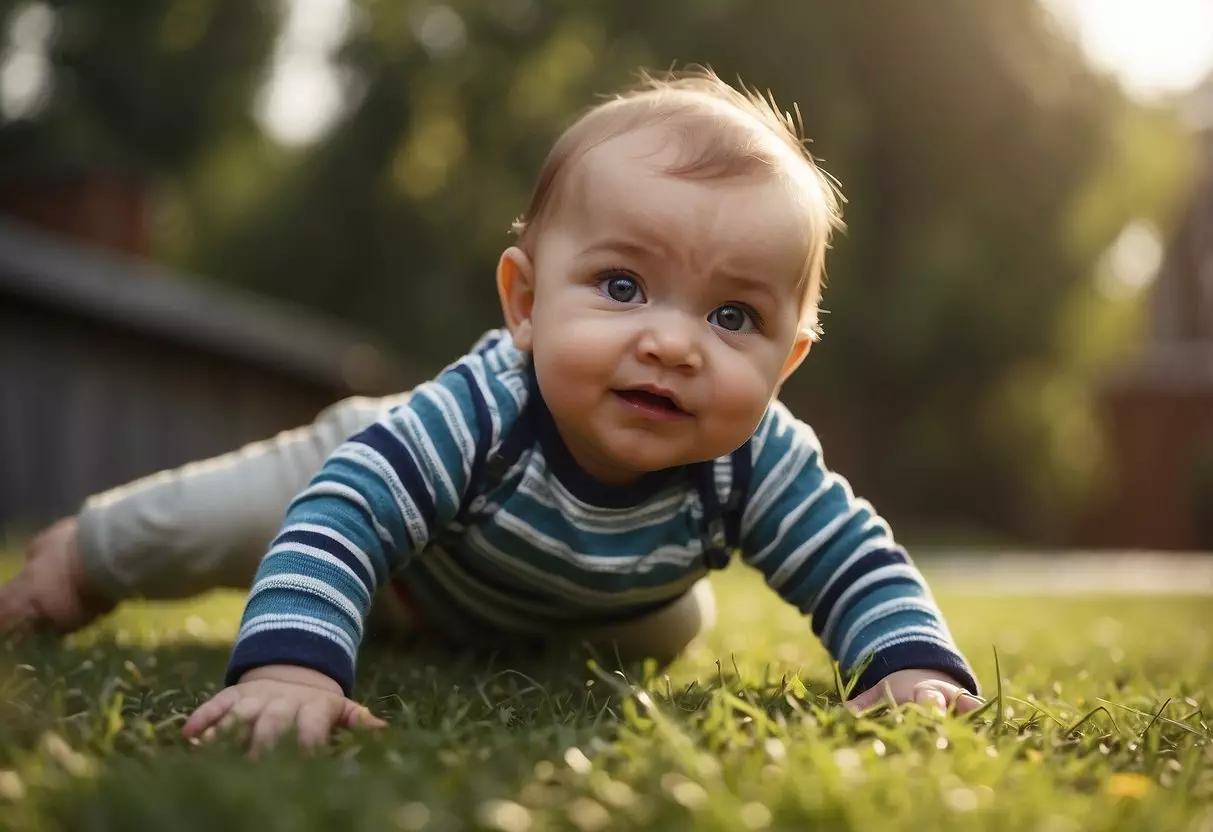 A baby at 11 months old attempts to crawl, but struggles to move forward, showing signs of delayed motor development