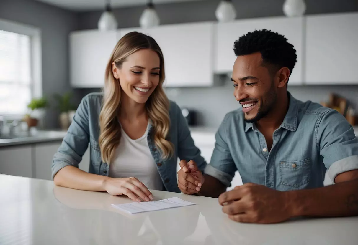 A smiling couple looks at a positive pregnancy test on a clean, white countertop. A calendar on the wall shows the month and year