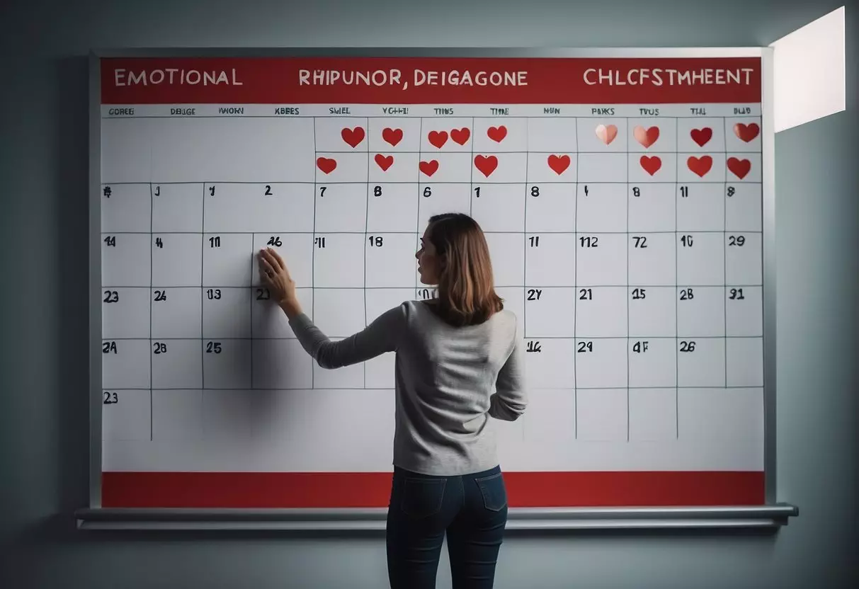 A calendar with the date circled in red, a heart-shaped checklist with items like 