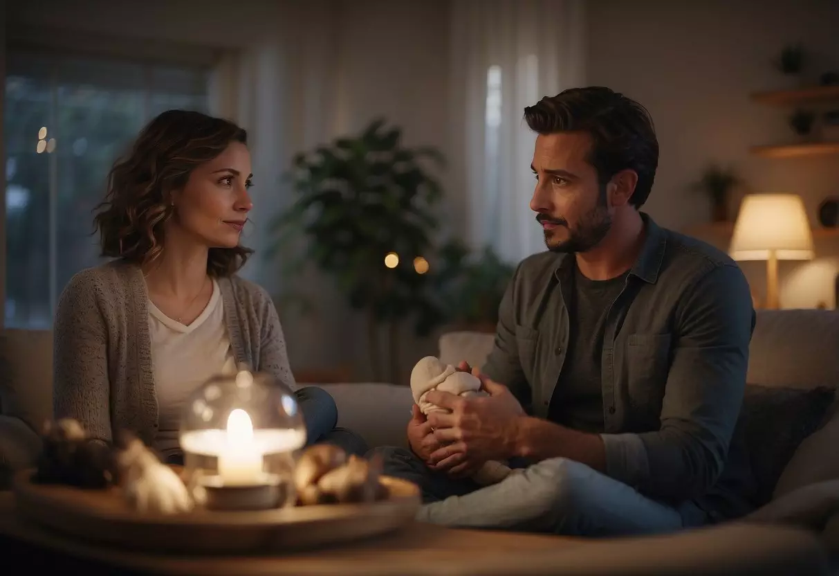 A couple discusses having a baby. The woman looks uncertain while the man appears hopeful. The room is cozy with soft lighting and a few baby items scattered around