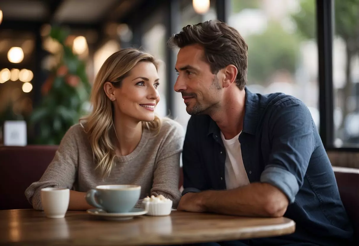 A couple sits at a cafe, one looking concerned while the other gestures reassuringly. A newspaper headline reads 