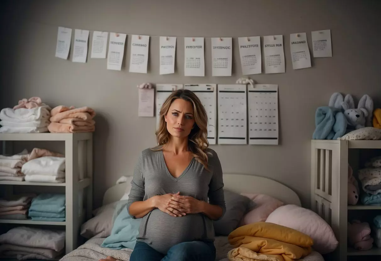 A woman in her late thirties pondering pregnancy, surrounded by baby clothes and a calendar