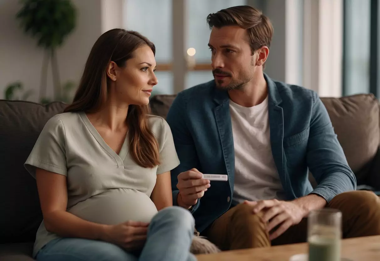 A couple discusses having a baby. The woman holds a pregnancy test while the man looks uncertain. They sit on a couch in a cozy living room