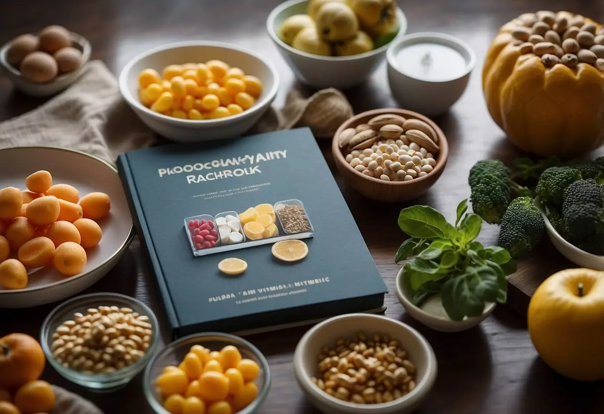 A woman surrounded by prenatal vitamins, healthy foods, and a pregnancy guidebook