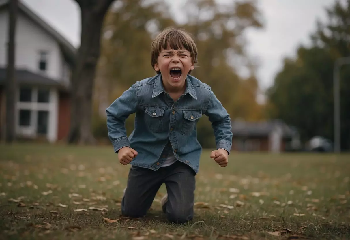 A 10-year-old throws a tantrum, stomping feet and clenching fists. Objects are thrown and the child's face is contorted in anger