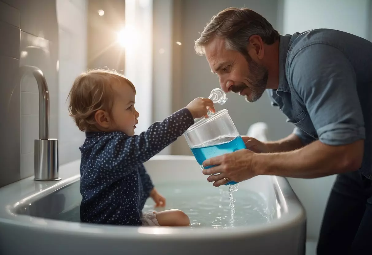 A parent supervises a toddler in a bathtub, pouring water from a plastic cup