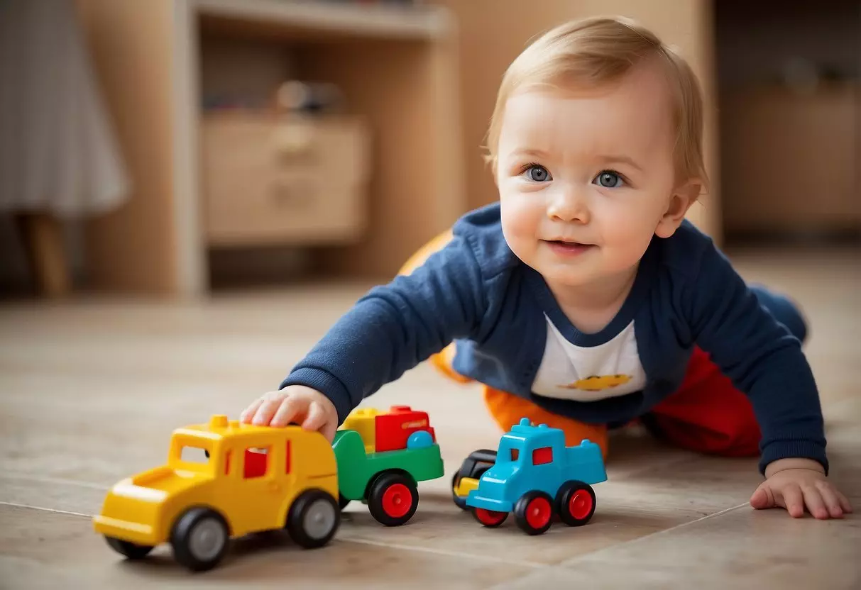 An 18-month-old plays with toys on the floor, engrossed in stacking blocks and pushing a toy car