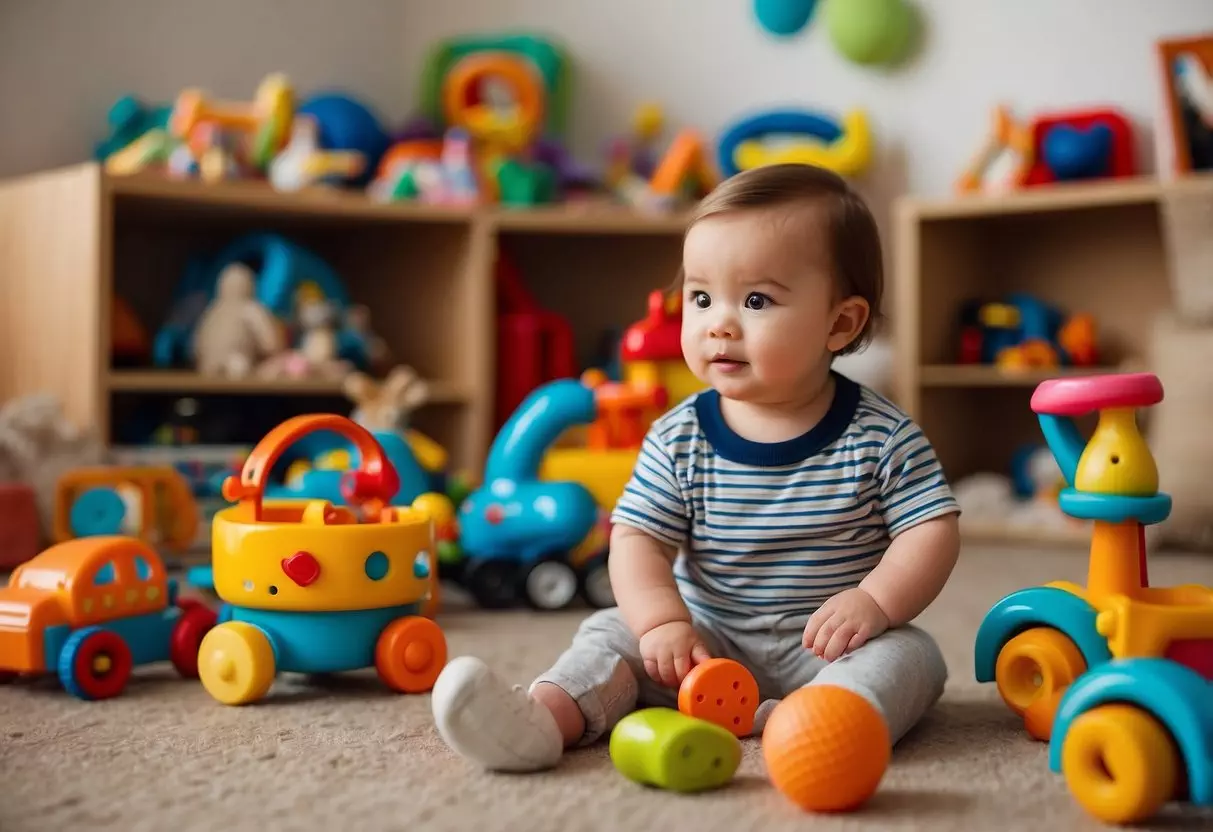 An 18-month-old child sits surrounded by a variety of age-appropriate toys and books, engaging in independent play. The child's environment is safe and free from hazards, allowing for exploration and discovery