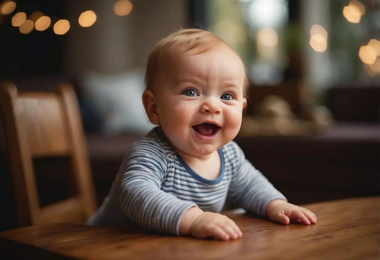 An 8-month-old baby making babbling sounds, pointing, and gesturing