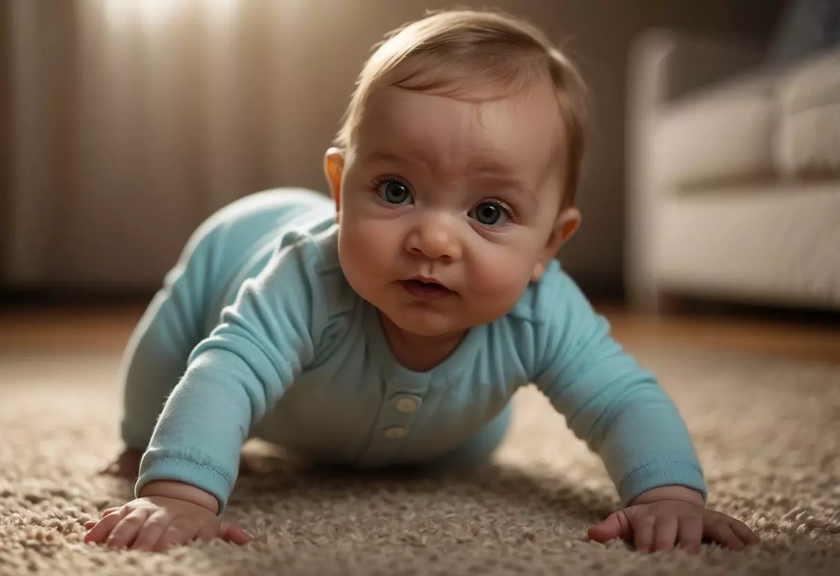 A baby begins to crawl at around 6 to 10 months old, using their arms and legs to move across the floor in a wobbly and uncoordinated manner