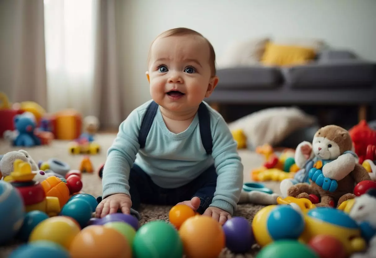 A baby surrounded by toys and reaching out towards them, showing eagerness and determination to move towards the objects