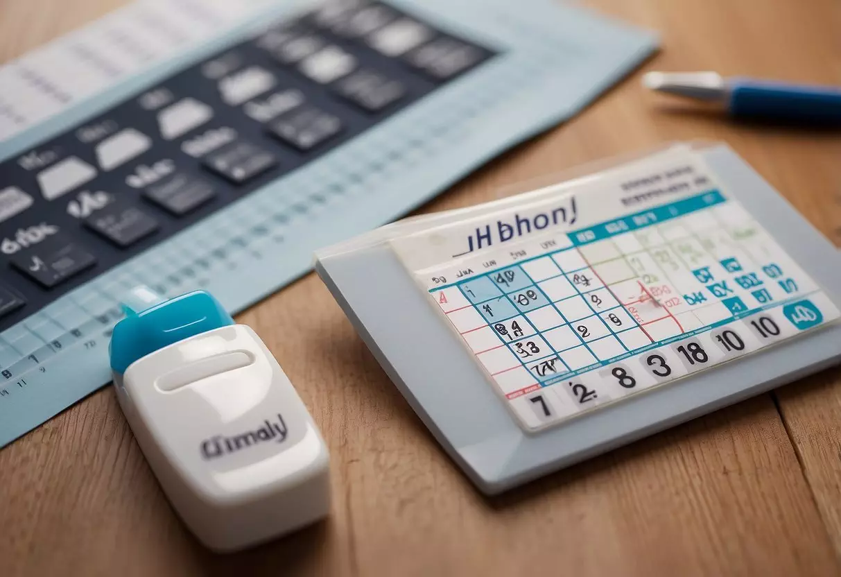 A positive pregnancy test next to a calendar with the date circled and a surprised expression on a woman's face