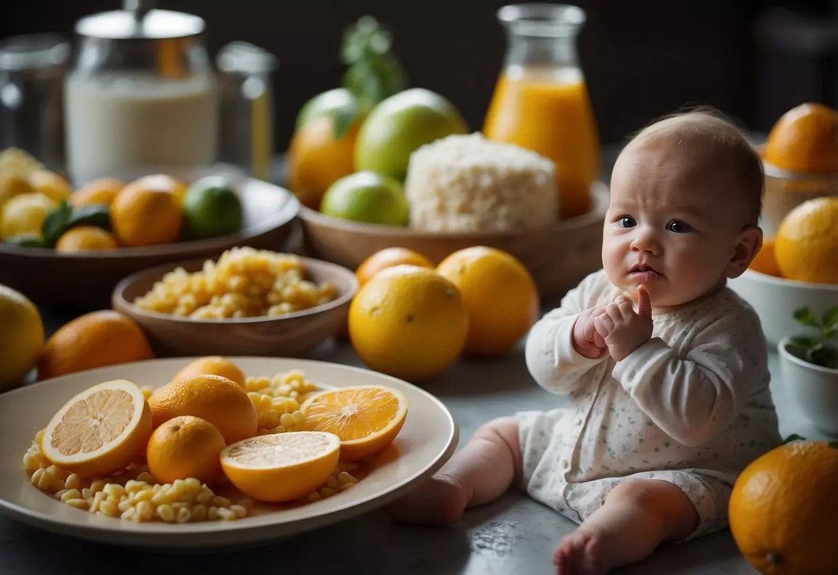 A variety of foods surround a distressed baby, including dairy, citrus, and spicy dishes. The baby's discomfort is evident through their facial expression and body language