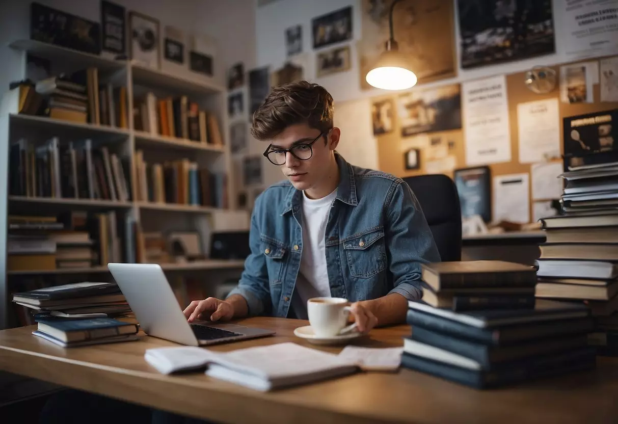 A 19-year-old is studying at a desk with books and a laptop, surrounded by posters and personal items. There is a cup of coffee or tea nearby