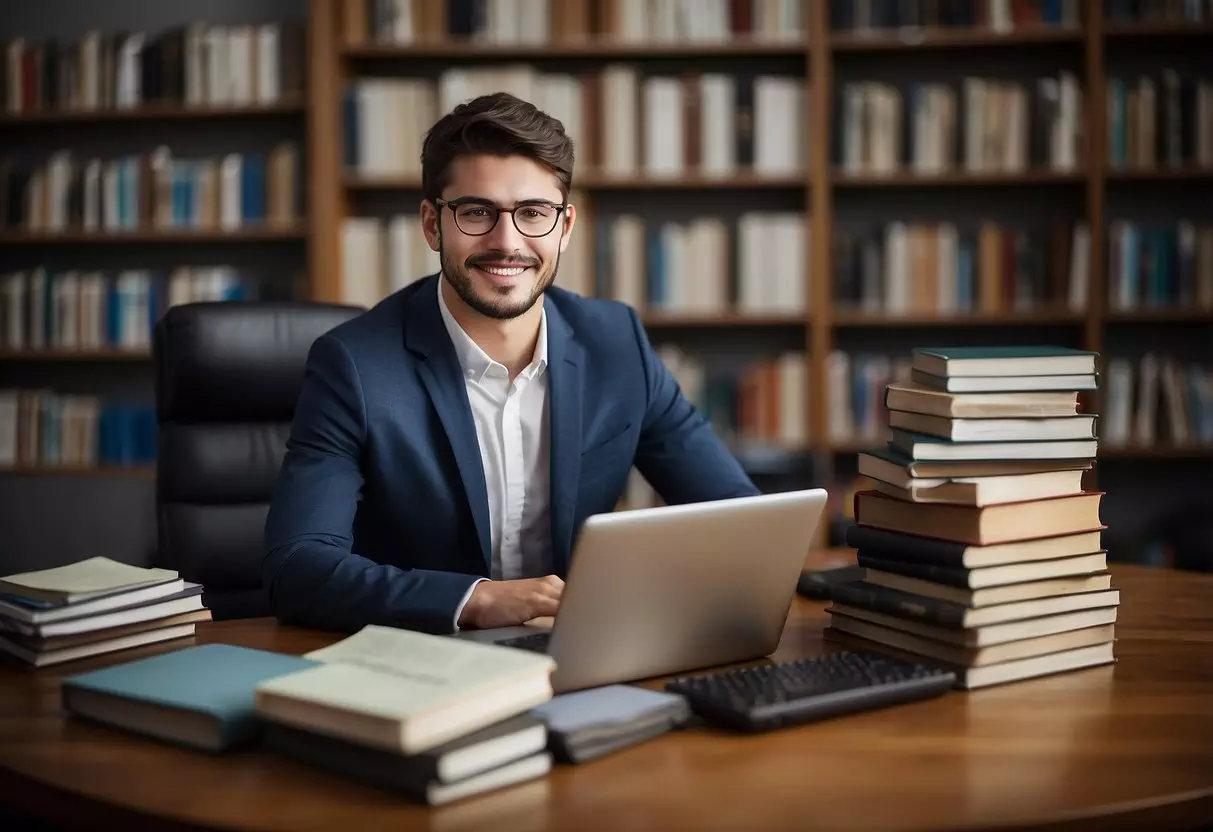 A 24-year-old surrounded by books, a laptop, and professional attire, attending workshops, networking events, and seeking mentorship for career growth