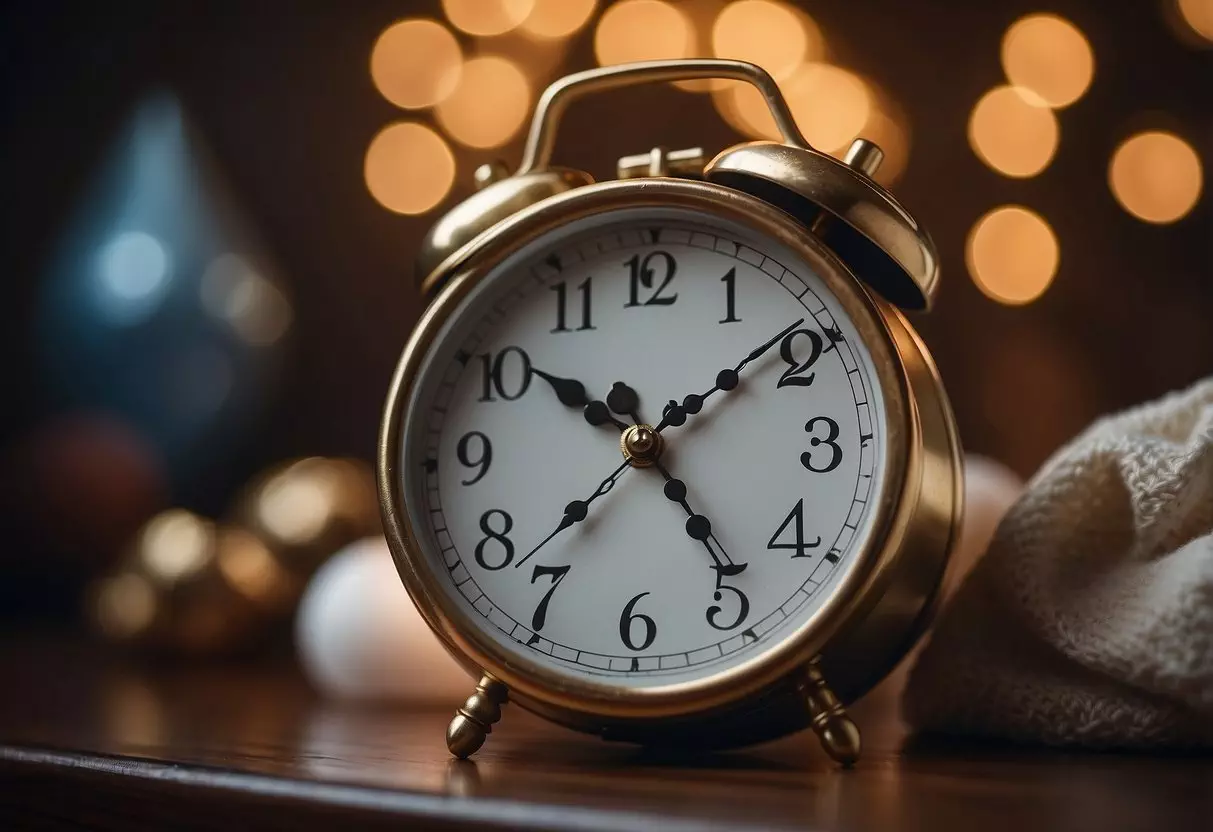 A clock showing 7-8 PM with a moon in the background. A crib with a sleeping baby and a peaceful atmosphere