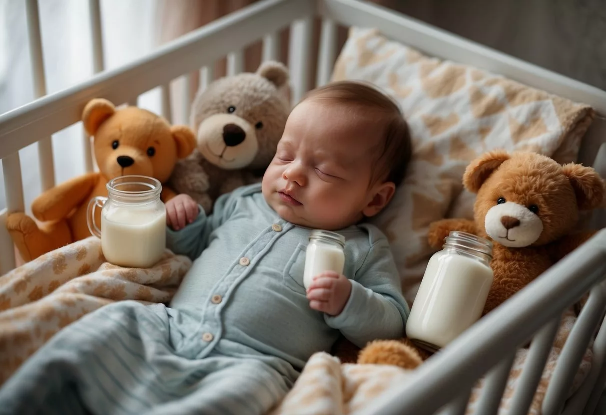 A 2-month-old baby peacefully sleeping in a crib, surrounded by soft blankets and stuffed animals, while a bottle of milk sits nearby