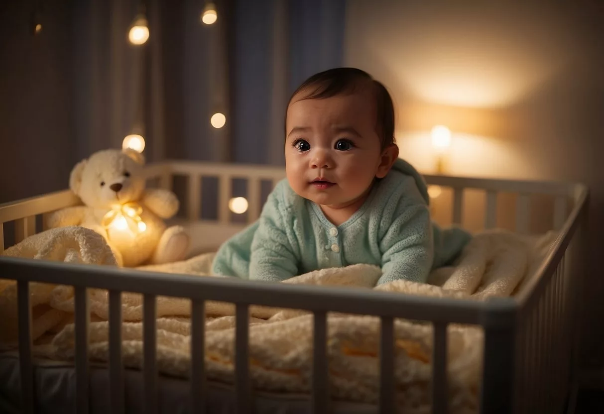 An 11-month-old's bedtime routine: A cozy crib with a soft blanket, a soothing lullaby playing, and a dim nightlight casting a gentle glow